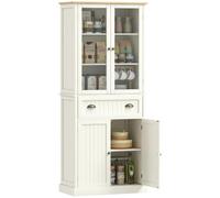 HOMCOM Alacena de Cocina con 2 Puertas de Cristal 76x40x182,5 cm Crema | Mueble Auxiliar de Cocina, Cajón Grande, Estantes Ajustables, para Comedor