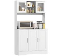 HOMCOM Alacena de Cocina, con 2 Puertas de Vidrio 108x35x180 cm Blanco | Mueble Auxiliar de Cocina, Encimera Amplia para Microondas, Compartimentos Abiertos, Estantes Ajustables