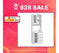 HOMCOM Alacena de Cocina Armario de Cocina Buffet Aparador con 2 Puertas de Vidrio Compartimentos Abiertos 4 Cajones y Estantes Ajustables 60x35x180 cm Blanco