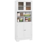HOMCOM Alacena de Cocina con 2 Puertas de Vidrio 60x30x145,5 cm Blanco | Mueble Auxiliar de Cocina, Aparador Alto, Estantes Ajustables, Compartimentos Abiertos