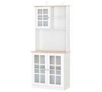 HOMCOM Alacena de Cocina con 3 Puertas de Vidrio, 80x37x183 cm Blanco | Mueble Auxiliar de Cocina, Encimera Abierta para Microondas, Estantes Ajustables, Compartimentos Abiertos