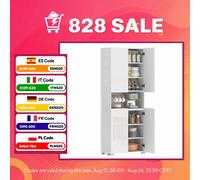 HOMCOM Alacena de Cocina Auxiliar con 4 Puertas 68x34x180 cm Blanco Brillo
