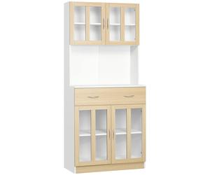HOMCOM Alacena de Cocina con 4 Puertas de Vidrio Encimera Abierta Cajón Estantes Ajustables 80x40x180 cm Blanco y Natural