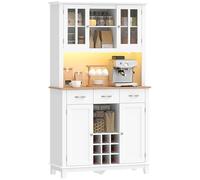 HOMCOM Alacena de Cocina con Iluminación LED Control por App, Armario Cocina Alta con Encimera para Microondas, Botellero, Puertas de Vidrio, Estantes Abiertos, 3 Cajones, Estantes Ajustables, Blanco