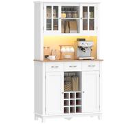 HOMCOM Alacena de Cocina con Iluminación LED Control por App Blanco | Armario Cocina Alta, Encimera para Microondas, Botellero, Puertas Vidrio, Estantes Abiertos, 3 Cajones, Estantes Ajustables