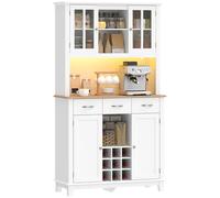 HOMCOM Alacena de Cocina con Iluminación LED Control por App, Armario Cocina Alta con Encimera para Microondas, Botellero, Puertas de Vidrio, Estantes Abiertos, 3 Cajones, Estantes Ajustables, Blanco