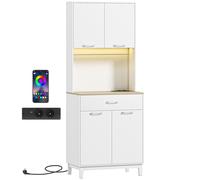 HOMCOM Alacena de Cocina con Luces LED Estación de Carga 4 Puertas Cajón Encimera Abierta 71x40x180 cm Blanco