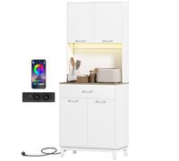 HOMCOM Alacena de Cocina con Luces LED y Estación de Carga, Control por APP, Mueble Auxiliar de Cocina con 4 Puertas, Cajón, Encimera Abierta para Microondas, Estantes Ajustables, 71x40x180 cm, Blanco
