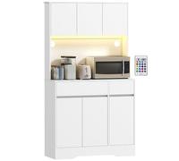 HOMCOM Alacena de Cocina con Luz LED RGB Encimera para Microondas Blanco | Mueble de Cocina, 6 Puertas, 2 Cajones, Estantes Ajustables, Control Remoto, 100x38x180 cm