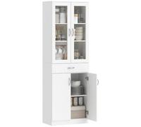 HOMCOM Alacena de Cocina con Puertas de Vidrio Cajón Blanco 60x35x180 cm | Mueble Auxiliar de Cocina, Estantes Ajustables, para Comedor, Salón