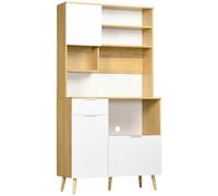 HOMCOM Alacena de Cocina Despensa 3 Puertas 93x40x180cm Natural y Blanco | Armario de Cocina, Aparador Alto, Cajón, Estante Ajustable, Encimera para Microondas, Toallero