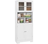 HOMCOM Alacena de Cocina Mueble Auxiliar de Cocina Aparador Alto con 2 Puertas de Vidrio Estantes Ajustables y Compartimentos Abiertos 60x30x145,5 cm Blanco