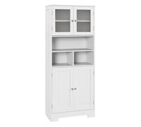 HOMCOM Alacena de Cocina Mueble Auxiliar de Cocina Aparador Alto con 2 Puertas de Vidrio Estantes Ajustables y Compartimentos Abiertos 60x30x145,5 cm Blanco