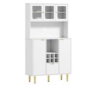 Homcom alacena de cocina mueble auxiliar de cocina aparador alto con 3 puertas de vidrio botellero cajón estantes ajustables y compartimentos abiertos 100x40x180 cm blanco