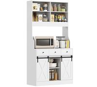 HOMCOM Alacena de Cocina Mueble Auxiliar de Cocina con 2 Puertas Corredizas 3 Cajones Encimera para Microondas y Estantes Ajustables Estilo Granja Blanco 93,5x40x180 cm