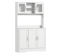 HOMCOM Alacena de Cocina, Mueble Auxiliar de Cocina con 2 Puertas de Vidrio, Encimera Amplia para Microondas, Compartimentos Abiertos, Estantes Ajustables, 108x35x180 cm, Blanco