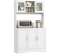 HOMCOM Alacena de Cocina, Mueble Auxiliar de Cocina con 2 Puertas de Vidrio, Encimera Amplia para Microondas, Compartimentos Abiertos, Estantes Ajustables, 108x35x180 cm, Blanco