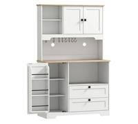 HOMCOM Alacena de Cocina, Mueble Auxiliar de Cocina con 3 Puertas, 2 Cajones, 3 Estantes en la Puerta, 8 Ganchos, Encimera Amplia para Microondas, Estantes Ajustables, Orificios para Cables, Blanco