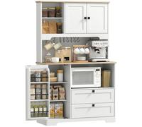 HOMCOM Alacena de Cocina, Mueble Auxiliar de Cocina con 3 Puertas, 2 Cajones, 3 Estantes en la Puerta, 8 Ganchos, Encimera Amplia para Microondas, Estantes Ajustables, Orificios para Cables, Blanco