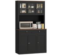 HOMCOM Alacena de Cocina, Mueble Auxiliar de Cocina, con 3 Puertas de Vidrio, Encimera Abierta para Microondas, 2 Cajones y Estantes Ajustables, 100x40x180 cm, Negro
