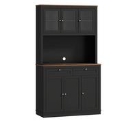 HOMCOM Alacena de Cocina, Mueble Auxiliar de Cocina, con 3 Puertas de Vidrio, Encimera Abierta para Microondas, 2 Cajones y Estantes Ajustables, 100x40x180 cm, Negro