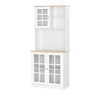 HOMCOM Alacena de Cocina, Mueble Auxiliar de Cocina, con 3 Puertas de Vidrio, Encimera Abierta para Microondas, Estantes Ajustables, Compartimentos Abiertos, 80x37x183 cm, Blanco