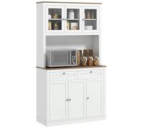 HOMCOM Alacena de Cocina, Mueble Auxiliar de Cocina, con 3 Puertas de Vidrio, Encimera Abierta para Microondas, 2 Cajones y Estantes Ajustables, 100x40x180 cm, Blanco