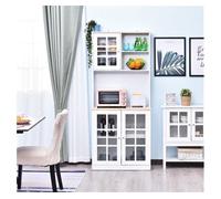 HOMCOM Alacena de Cocina, Mueble Auxiliar de Cocina, con 3 Puertas de Vidrio, Encimera Abierta para Microondas, Estantes Ajustables, Compartimentos Abiertos, 80x37x183 cm, Blanco