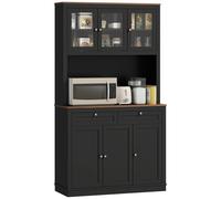 Homcom alacena de cocina, mueble auxiliar de cocina, con 3 puertas de vidrio, encimera abierta para microondas, 2 cajones y estantes ajustables, 100x40x180 cm, negro 100 cm