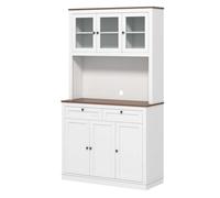 HOMCOM Alacena de Cocina, Mueble Auxiliar de Cocina, con 3 Puertas de Vidrio, Encimera Abierta para Microondas, 2 Cajones y Estantes Ajustables, 100x40x180 cm, Blanco