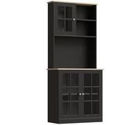 HOMCOM Alacena de Cocina, Mueble Auxiliar de Cocina, con 3 Puertas de Vidrio, Encimera Abierta para Microondas, Estantes Ajustables, Compartimentos Abiertos, 80x37x183 cm, Negro