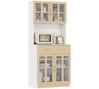 HOMCOM Alacena de Cocina Mueble Auxiliar de Cocina con 4 Puertas de Vidrio Encimera para Microondas Cajón Estantes Ajustables 80x40x180 cm