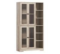 HOMCOM Alacena de Cocina, Mueble Auxiliar de Cocina con Estantes Abiertos y 4 Puertas de Vidrio con Cierre Suave, Estantes Ajustables, para Comedor, Salón, 90x35x172 cm, Gris Claro