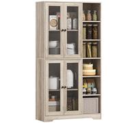 HOMCOM Alacena de Cocina, Mueble Auxiliar de Cocina con Estantes Abiertos y 4 Puertas de Vidrio con Cierre Suave, Estantes Ajustables, para Comedor, Salón, 90x35x172 cm, Gris Claro