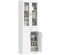 HOMCOM Alacena de Cocina, Mueble Auxiliar de Cocina con Puertas de Vidrio, Cajón, Estantes Ajustables, para Comedor, Salón, Blanco, 60x35x180 cm