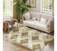 HOMCOM Alfombra Salón 170x120 cm Alfombra Lavable en Lavadora Pelo Corto Elementos a Cuadros Tapete para Sala de Estar Dormitorio Comedor Crema y Marrón