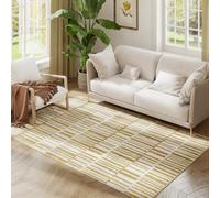 HOMCOM Alfombra Salón 170x120 cm Alfombra Lavable en Lavadora Pelo Corto Elementos a Rayas Tapete para Sala de Estar Dormitorio Comedor Crema