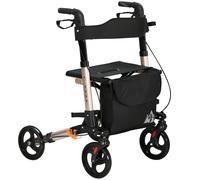 HOMCOM Andador 4 Ruedas Plegable en Aluminio, Altura Ajustable 6 Posiciones, Frenos Dobles, Almacenamiento, 64x67x92cm, Dorado