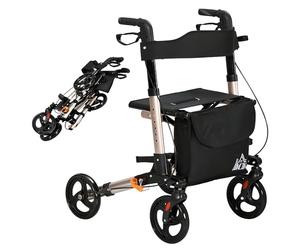 HOMCOM Andador de 4 ruedas con asiento y respaldo, andador de movilidad plegable con bolsa de transporte, altura ajustable, frenos duales, soporte para bastón, marco de aluminio ligero para personas