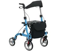 HOMCOM Andador de 4 ruedas con asiento y respaldo, ligero, plegable, con ruedas grandes, bolsa de transporte, altura ajustable, marco de aluminio con frenos dobles para personas mayores, color azul
