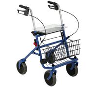 HOMCOM Andador para Ancianos Plegable con Asiento 4 Ruedas Altura Ajustable Frenos de Maneta Cesta Bandeja Porta Bastón Azul