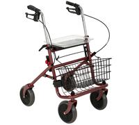 HOMCOM Andador para Ancianos Plegable con Asiento 4 Ruedas Altura Ajustable Frenos de Maneta Cesta Bandeja Porta Bastón Rojo