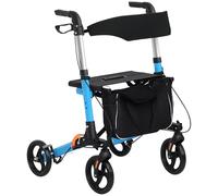 HOMCOM Andador plegable con asiento y respaldo de 4 ruedas - Plegable ajustable con bolsa de almacenamiento - Frenos de mano - Azul y Negro