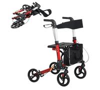 HOMCOM Andador plegable con asiento y respaldo, marco ligero con bolsa de almacenamiento desmontable, frenos duales, altura de mango ajustable, andador de 4 ruedas para personas mayores, discapacitados, rojo
