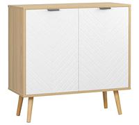 HOMCOM Aparador 2 Puertas 77x35x77,5cm Blanco y Madera Natural | Unidad de almacenamiento, estante ajustable, patas de pino, aparador para comedor/cocina/dormitorio