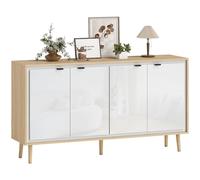 HOMCOM Aparador alto brillo, mueble de almacenaje con 4 puertas, estantes regulables, patas de madera, estilo moderno, aparador para comedor, cocina y salón, 141 x 35 x 77 cm, blanco y roble