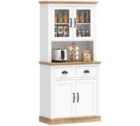 HOMCOM Aparador Alto Buffet 4 Puertas 2 cajones 80x38x170cm Blanco | Armario de cocina, 2 puertas de vidrio, encimera, estantes ajustables, unidad de almacenamiento, para salón, comedor