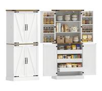 HOMCOM Aparador alto cocina, armario de cocina, vaso, 4 puertas, 3 cajones, 8 bastidores y estantes ajustables, estilo rústico, mueble de almacenamiento para salón, comedor, 76x40x182cm, blanco