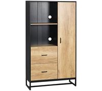 HOMCOM Aparador armario de cocina, mueble de almacenamiento con 2 cajones, armario, 2 nichos y pasaplacables, marco de acero, 88 x 35 x 160 cm, color negro y aspecto de madera natural