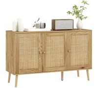 HOMCOM Aparador con 3 Puertas de Ratán, Aparador de Salón Bohemio, con Estantes Ajustables, para Cocina, Entrada, Dormitorio, Madera Natural, 120x40x75 cm